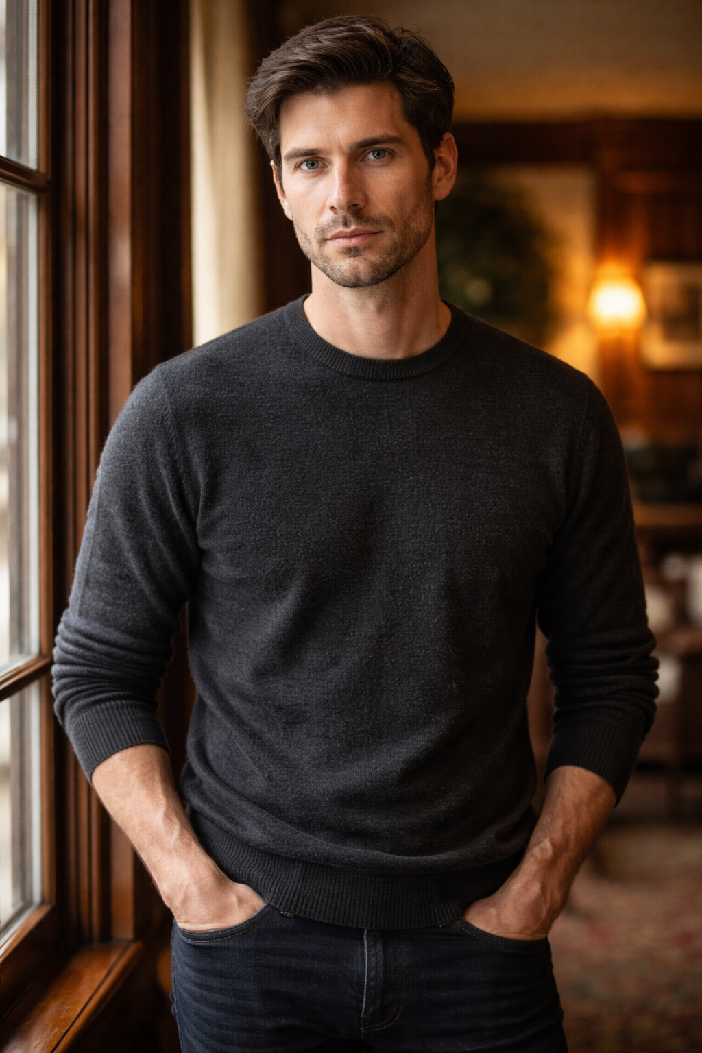 James Whitmore — dark brown hair with silver temples, blue assessing eyes, expensive casual