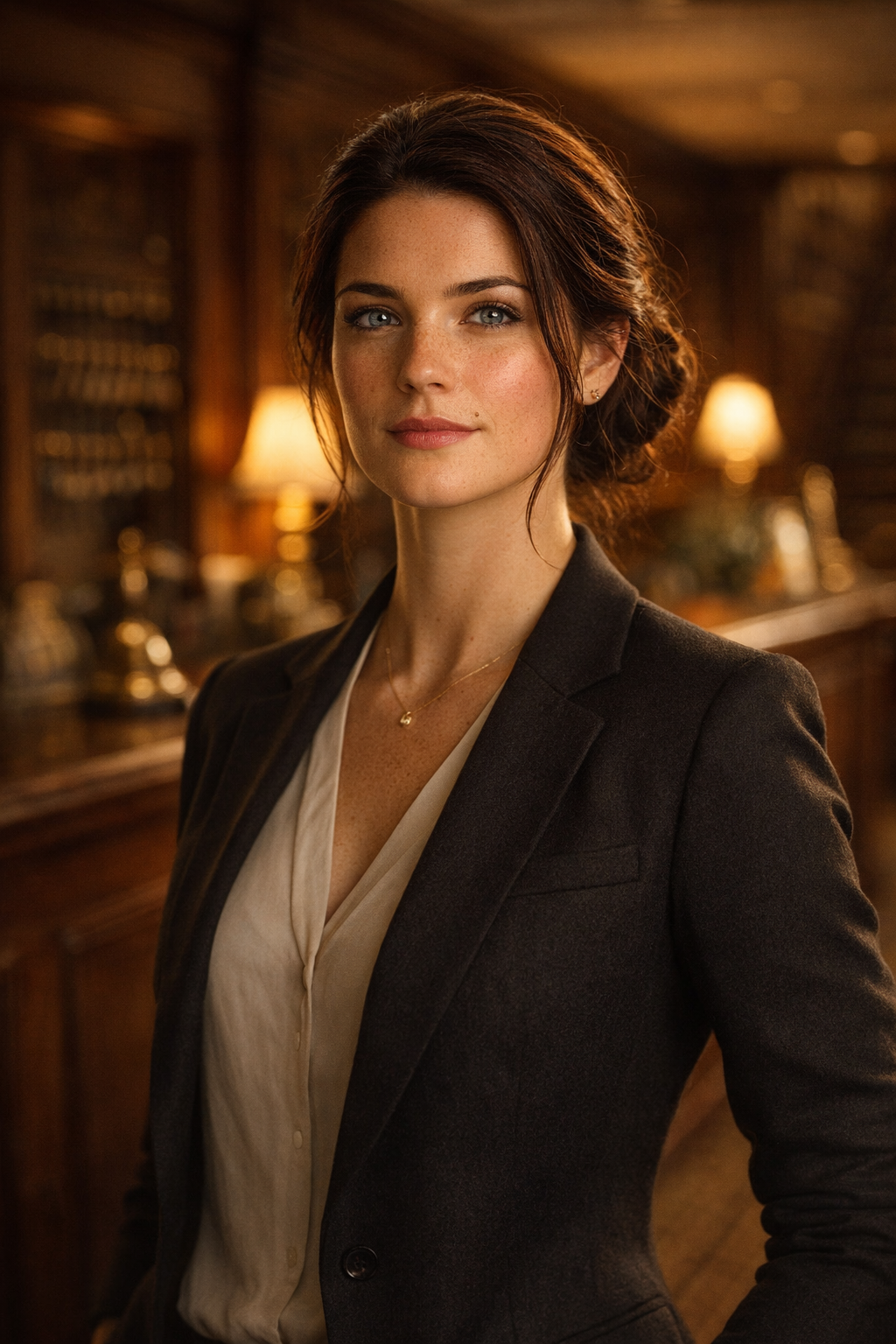 Sarah Hartley — dark auburn hair, deep blue eyes, composed and formidable